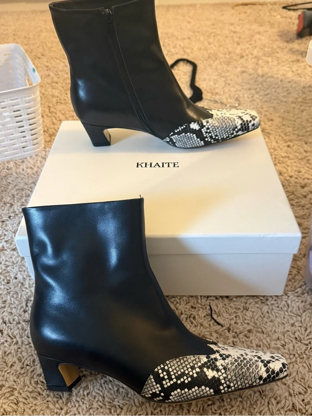 Designer Ankle Boots with Black-and-White Snake-Print Toe US 8